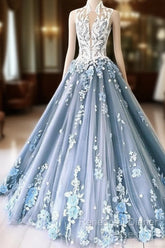 Unique High Neck Tulle Lace Long Semi Formal Prom Dress Blue Tulle Lace Evening Dress